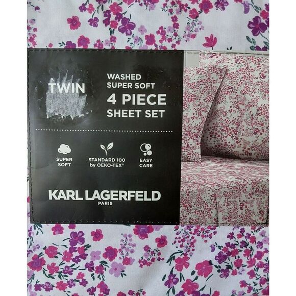 Karl Lagerfeld White Purple Floral TWIN Washed Super Soft 4 Piece Sheet Set - Picture 6 of 9